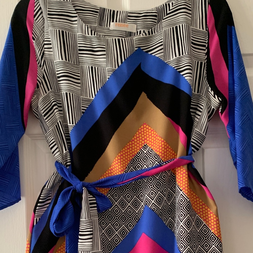 Renee C. Blue, Pink & Gold Geometric Belted Midi Dress - Picture 3 of 6
